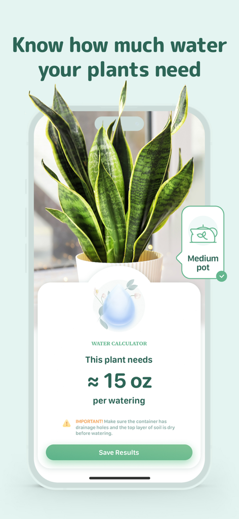 Blossom app interface showing the water calculator feature for a snake plant