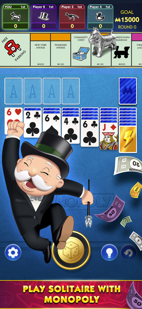 Ein Handyspielbildschirm, der ein Solitaire-Kartenspiel mit einem klassischen Monopoly-Brett und Mr. Monopoly zeigt.