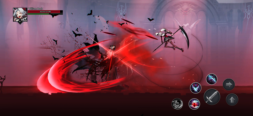 Um personagem em Shadow Rival executando um poderoso ataque de corte vermelho com uma foice em um ambiente sombrio de fantasia.