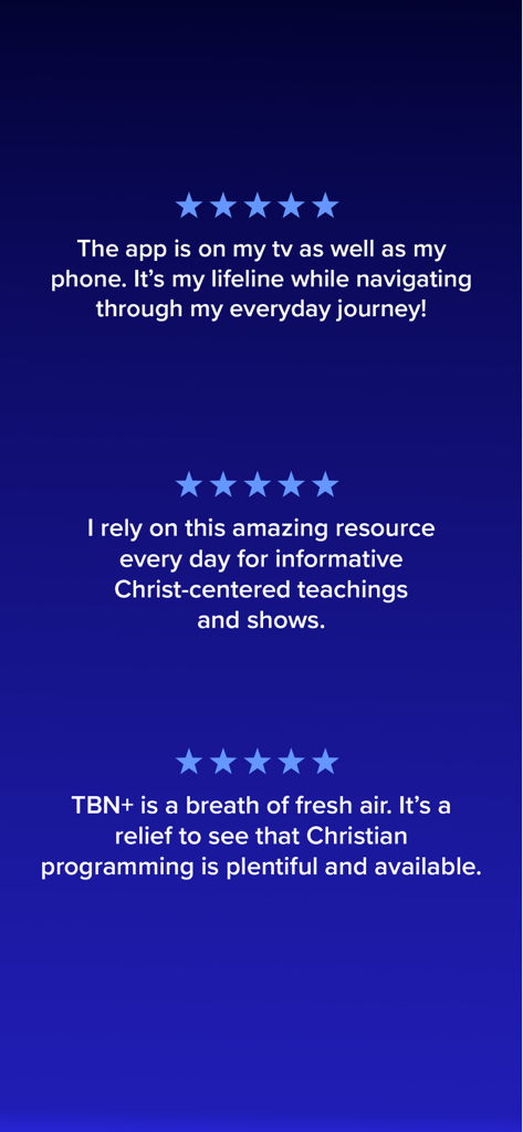 Five star user reviews for TBN plus Christian streaming app showcasing positive feedback from daily users.