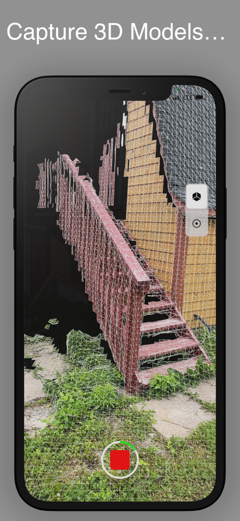 Escaneo LiDAR 3D en tiempo real de una escalera de madera exterior con una superposición de malla de alambre.