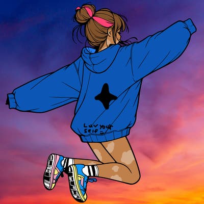 realistic girl jumping with a bun and oversized sweatshirt