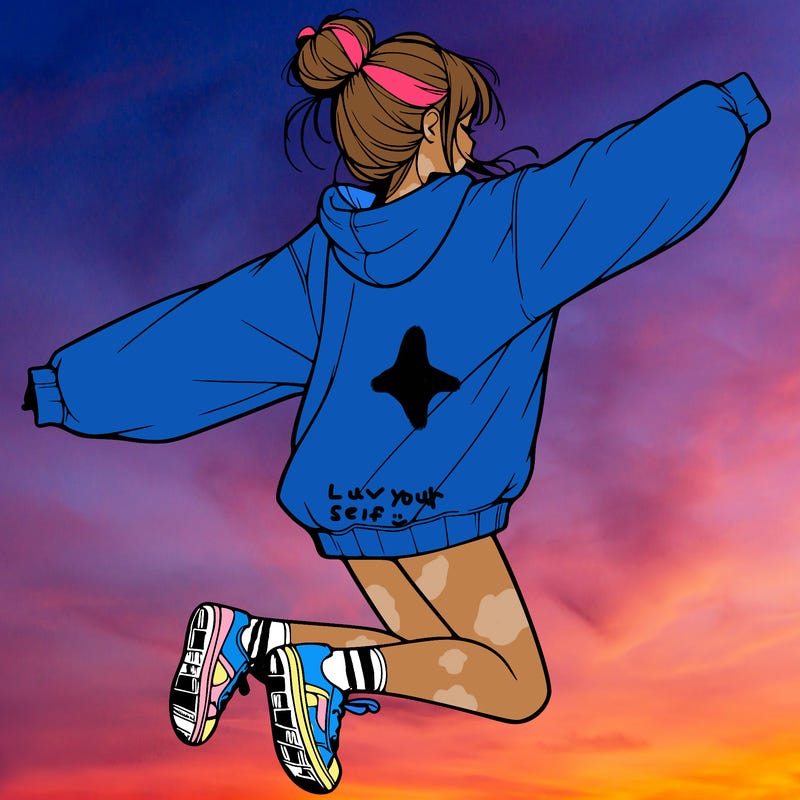 realistic girl jumping with a bun and oversized sweatshirt