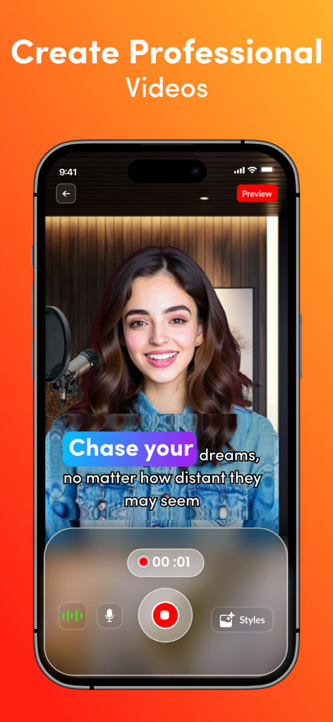 Teleprompter :Video Recording· - A smartphone screen displaying a woman recording a video with an integrated teleprompter showing a motivational script