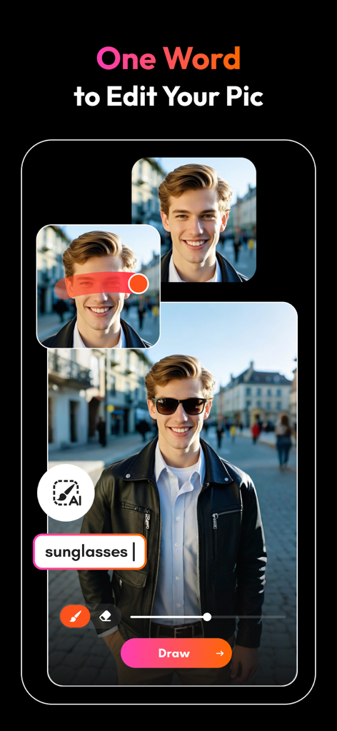 Eine Demonstration der KI-Funktion von PicMa, die einer Männerporträt Sonnenbrillen hinzufügt, indem das Wort in eine Texteingabe eingegeben wird.