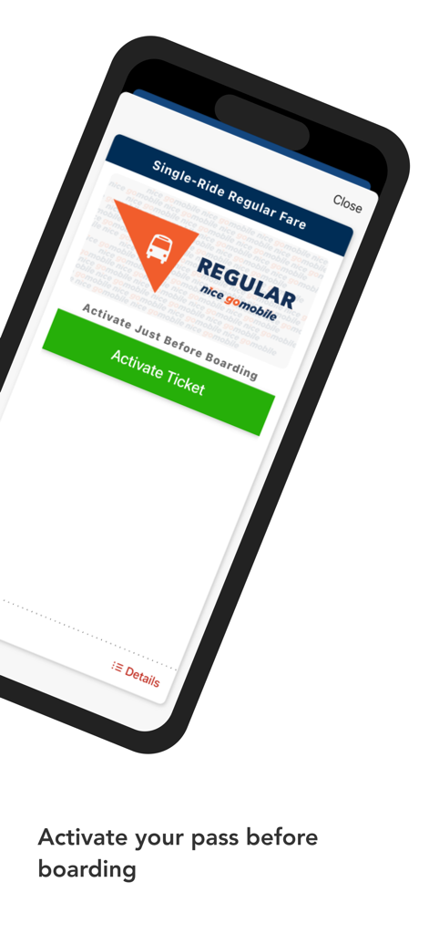 NICE gomobile - NICE gomobile app screen showing a single ride regular fare ticket with a green activate ticket button