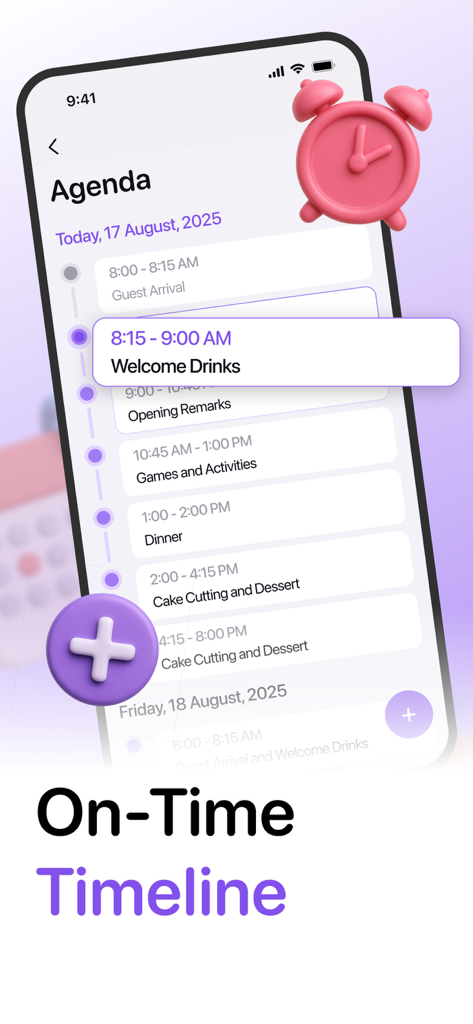 RushDay: Party & Event Planner - Interfaz de la app RushDay que muestra una línea de tiempo detallada de la agenda del evento con actividades programadas.