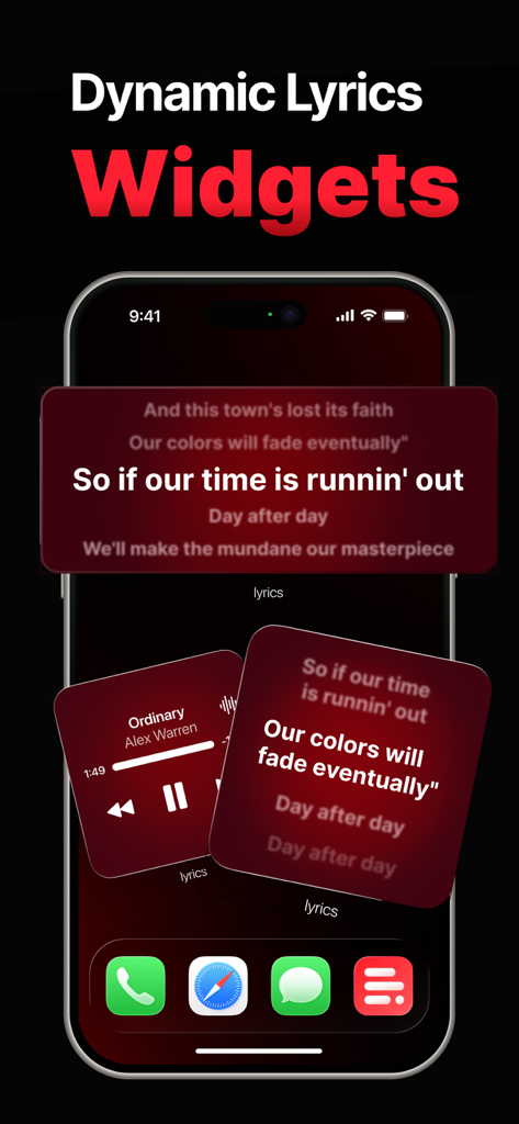 iPhone home screen with Dynamic Lyrics song lyrics and music player widgets