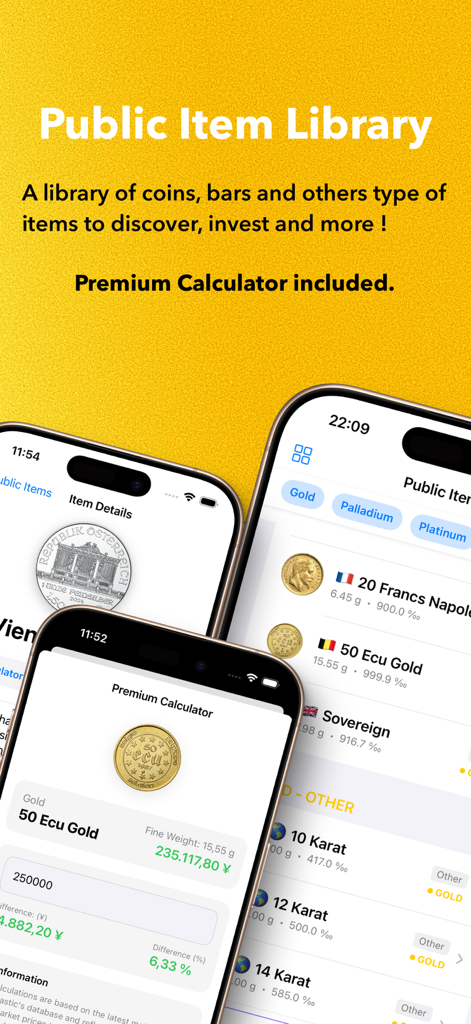 Vaultastic - Vaultastic app interface showing a library of gold and silver coins with an investment calculator