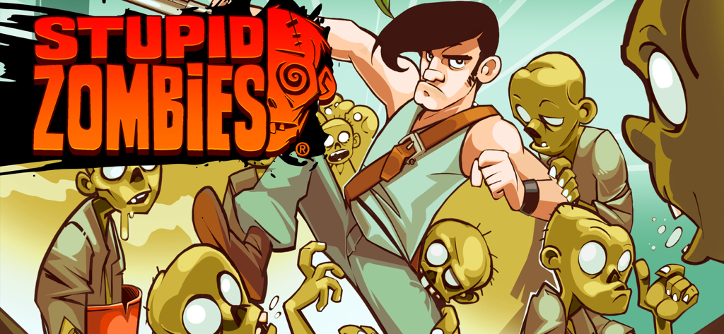 Banner del juego Stupid Zombies con un personaje masculino con una escopeta rodeado de zombis verdes