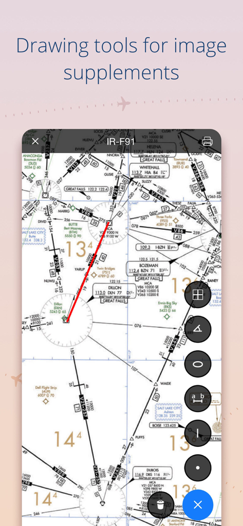 Aviation Exam - EASA - Aviation Exam EASA app interface showing drawing tools for annotating a flight navigation chart.