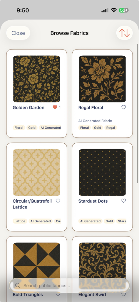 The browse fabrics screen in Quiltler 3 app showing various floral and geometric fabric patterns