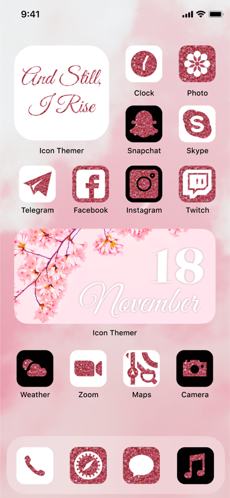 App Themes: Icon Widgets Kit - 분홍색 반짝이는 아이콘과 미적 위젯이 있는 iPhone 홈 화면