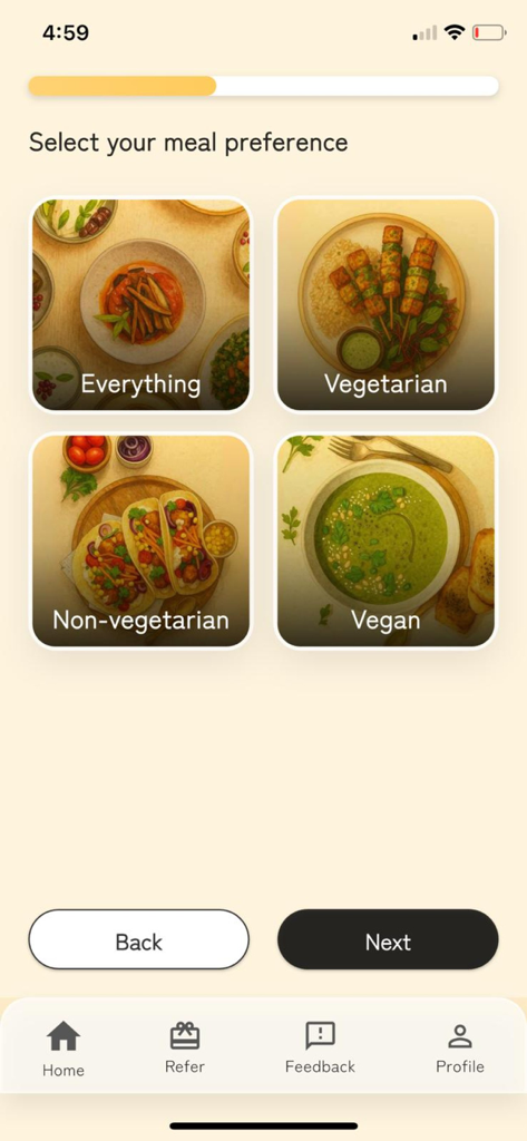 StepOut World - StepOut World app screen for selecting dietary preferences including Everything, Vegetarian, Non-vegetarian, and Vegan.