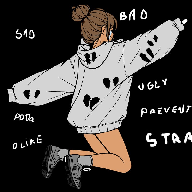 realistic girl jumping with a bun and oversized sweatshirt