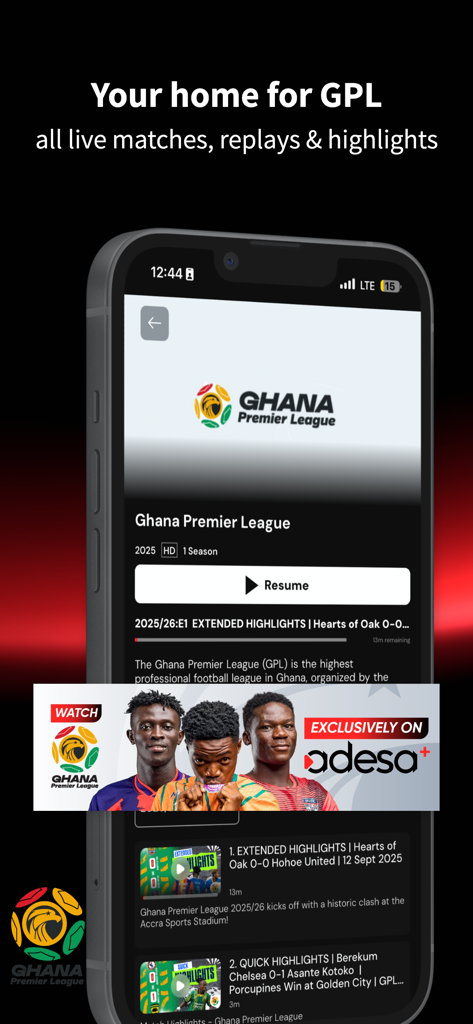 Adesa+ mobile app screen featuring Ghana Premier League soccer matches and video highlights