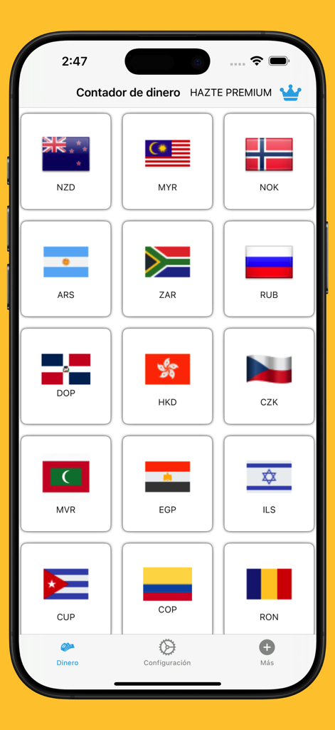 Money Counter app interface showing a grid of international currency flags and codes
