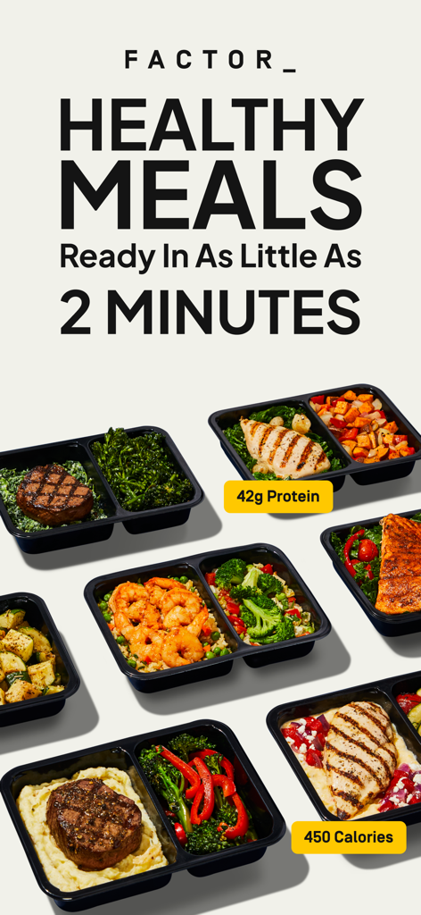 Variety of Factor healthy prepared meals in containers ready in 2 minutes