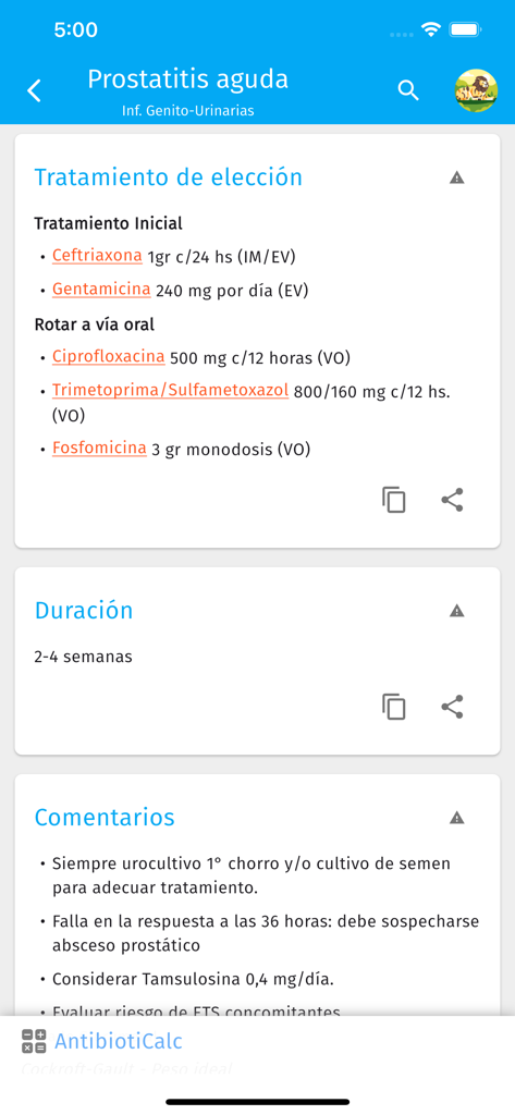 AntibioticApp - AntibioticApp mobile screen displaying antibiotic treatment recommendations for acute prostatitis