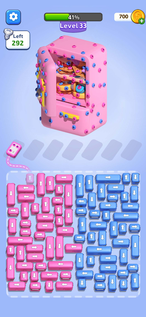 Screw Escape 3D - Car Out Jam - Mobile game screenshot of a 3D pink refrigerator covered in screws above a color coded box sorting grid