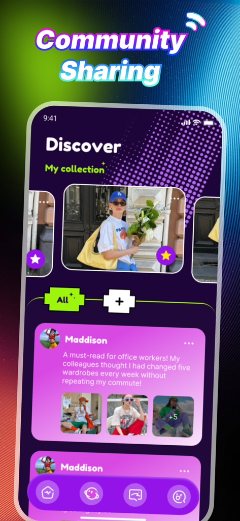 iCove: Style Creativity, Video - Mobile app interface for iCove showing user fashion posts and outfit inspiration.