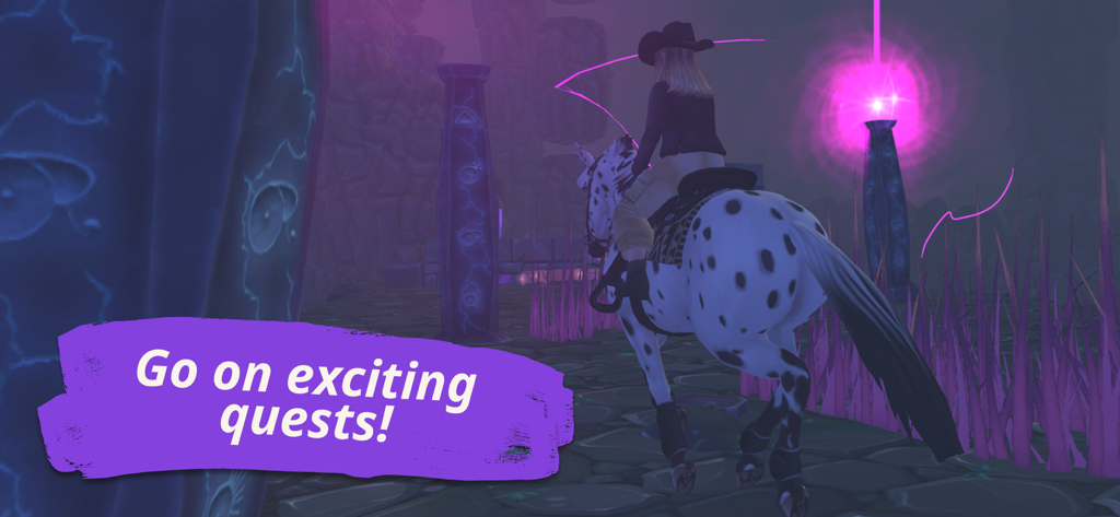 A character riding a spotted horse towards a glowing purple portal in Star Stable Online.