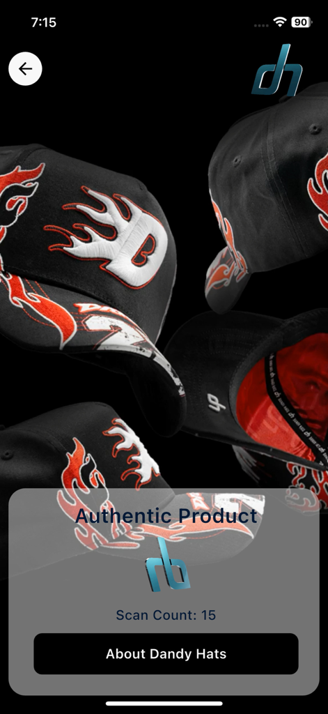 Dandy Hats mobile app screen confirming an authentic product and showing the scan count