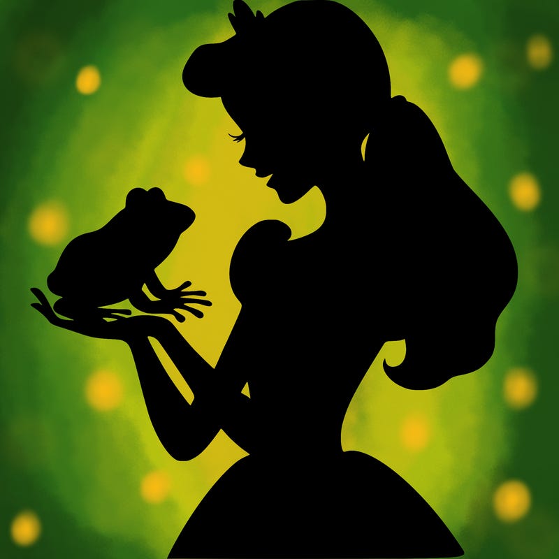 a shadow of a princess holding a frog realistic