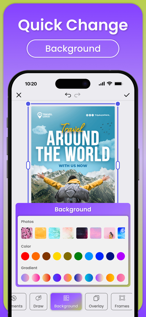 Smartphone interface of Poster Maker app showing background editing options for a travel flyer