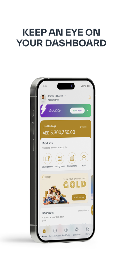 Dashboard of the National Bonds mobile app showing live savings holdings and investment products on an iPhone.