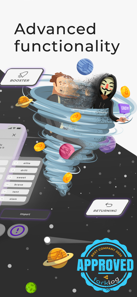 Trustee Wallet bitcoin wallet - Graphic for Trustee Wallet illustrating anonymity and advanced functionality with a crypto tornado and mask icon