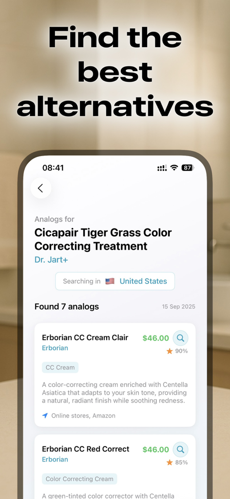 Cosmetic Scanner: CosmiqAI - Mobile app interface showing recommended alternatives for a cosmetic product with price and quality ratings