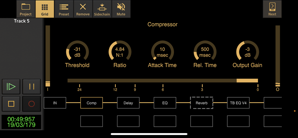 Audio Evolution Mobile Studio - Compressor interface and effect signal chain in Audio Evolution Mobile Studio