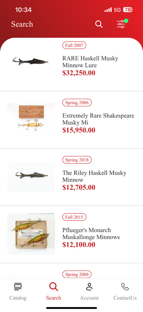 Search results showing rare vintage fishing lures with high auction prices in the TackleFind app