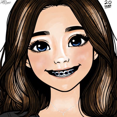 a girl with braces smiling with freckles realistic