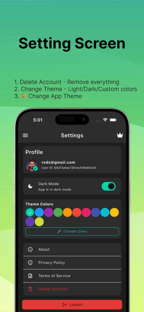 Settings screen of the Temp Mail Pro app showing dark mode toggle and theme color customization options.