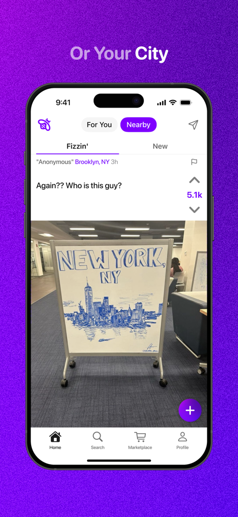 A screenshot of the Fizz app Nearby feed showing a local post from Brooklyn New York.