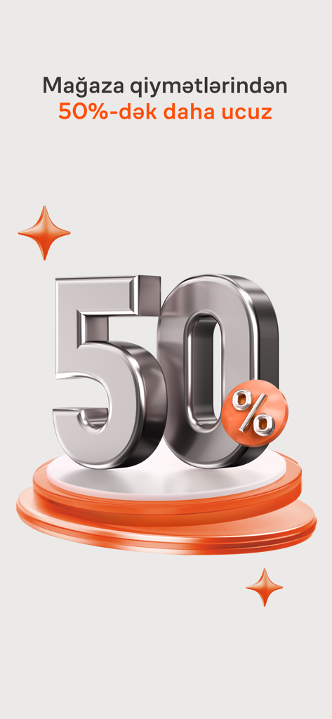 Tap.az app promotional screen showing 50 percent off savings from store prices