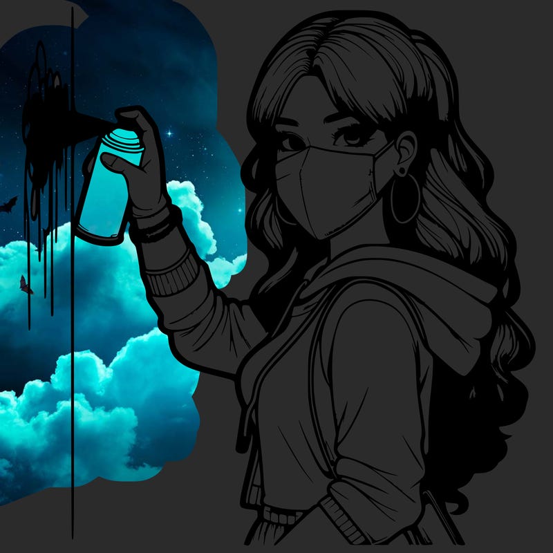 realistic girl with mask spray painting a wall