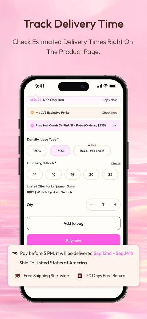 UNice: Wigs & Hair Bundles - Interface de l'application mobile UNice montrant les dates de livraison estimées et les options de personnalisation des perruques sur une page produit