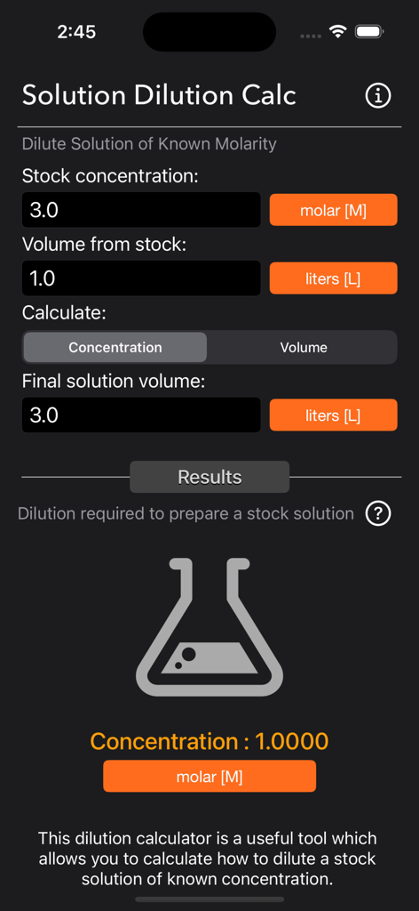 Solution Dilution Calculator - Capture d'écran de l'application Calculateur de Dilution de Solutions montrant un résultat de calcul de molarité avec une icône de bécher et des champs de saisie pour la concentration mère et le volume.