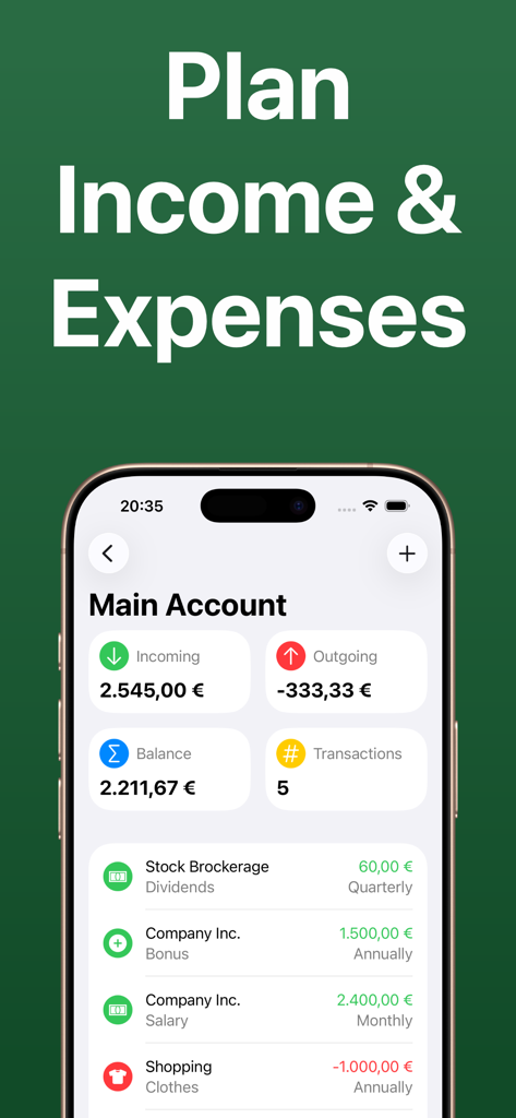 Budget Planner & Money Plan - Dashboard dell'app mobile che mostra entrate, uscite e saldo pianificati per un conto finanziario