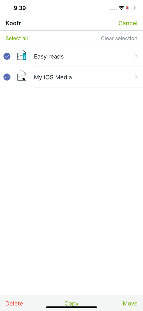 Koofr - Koofr mobile app screen showing selected folders for file management actions like delete copy and move