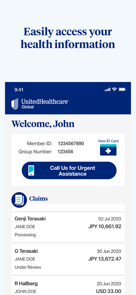 Painel do aplicativo móvel UHC Global com ID de membro e lista de sinistros médicos