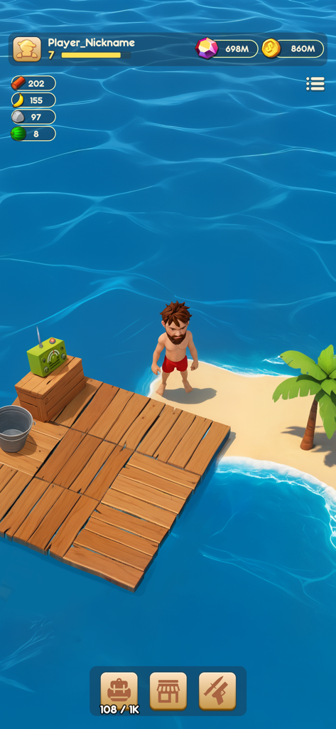 Raft® Survival Adventure Quest - Un personaje de pie en una isla desierta junto a una balsa de madera en Raft Survival Adventure Quest.