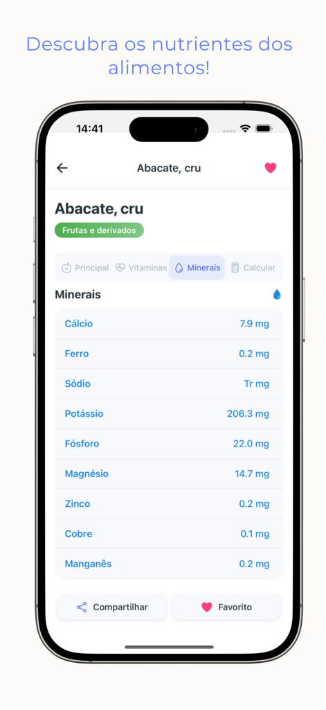 Taco Tabela - Nutritional mineral data for raw avocado in the Taco Tabela app.