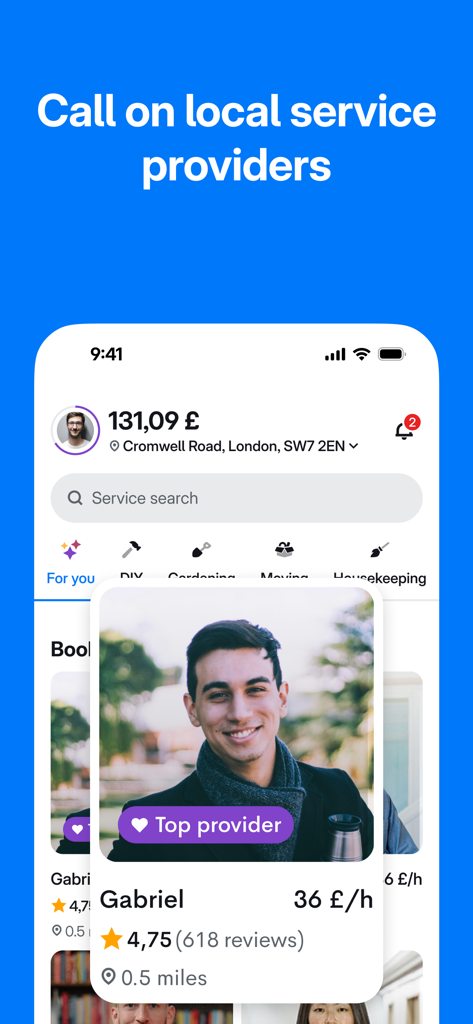 Capture d'écran de l'application Yoojo montrant le profil d'un prestataire de services local le mieux noté avec son tarif horaire et les détails de localisation