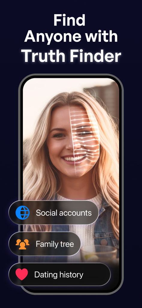 Truth Finder – Scan & Search - Truth Finder app screen showing a face scan and options to search social accounts and dating history