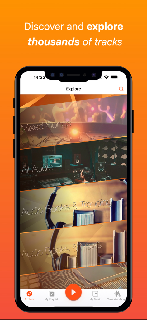 Mudify Archive: OFF MP3 Player - Mudify Archive app interface showing the explore screen for music and audiobooks