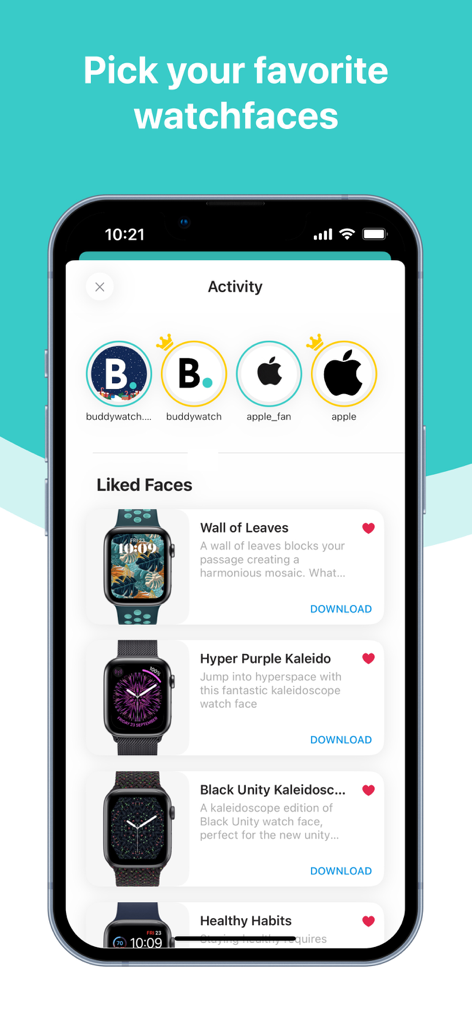 Buddywatchアプリのインターフェースに表示されるカスタマイズされたApple Watchフェイスのコレクション